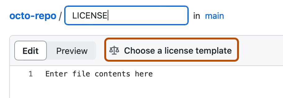 Screenshot of the new file form, with "LICENSE" entered in the file name field. A "Choose a license template" button is outlined in dark orange.