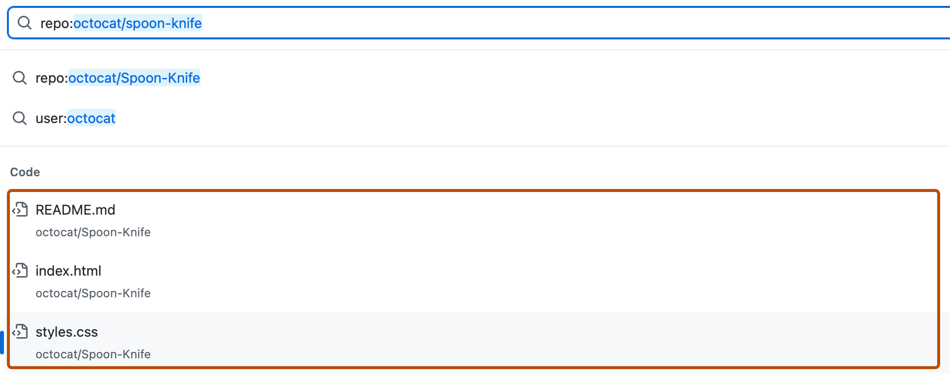 Screenshot of a search for "repo:octocat/spoon-knife". The code results are outlined in dark orange.