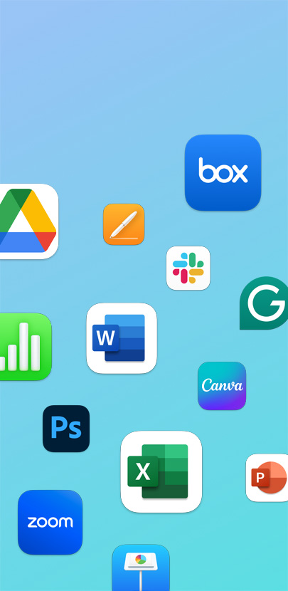 Olika appikoner som är utspridda, till exempel Zoom, Adobe Photoshop, Microsoft Excel och Slack.