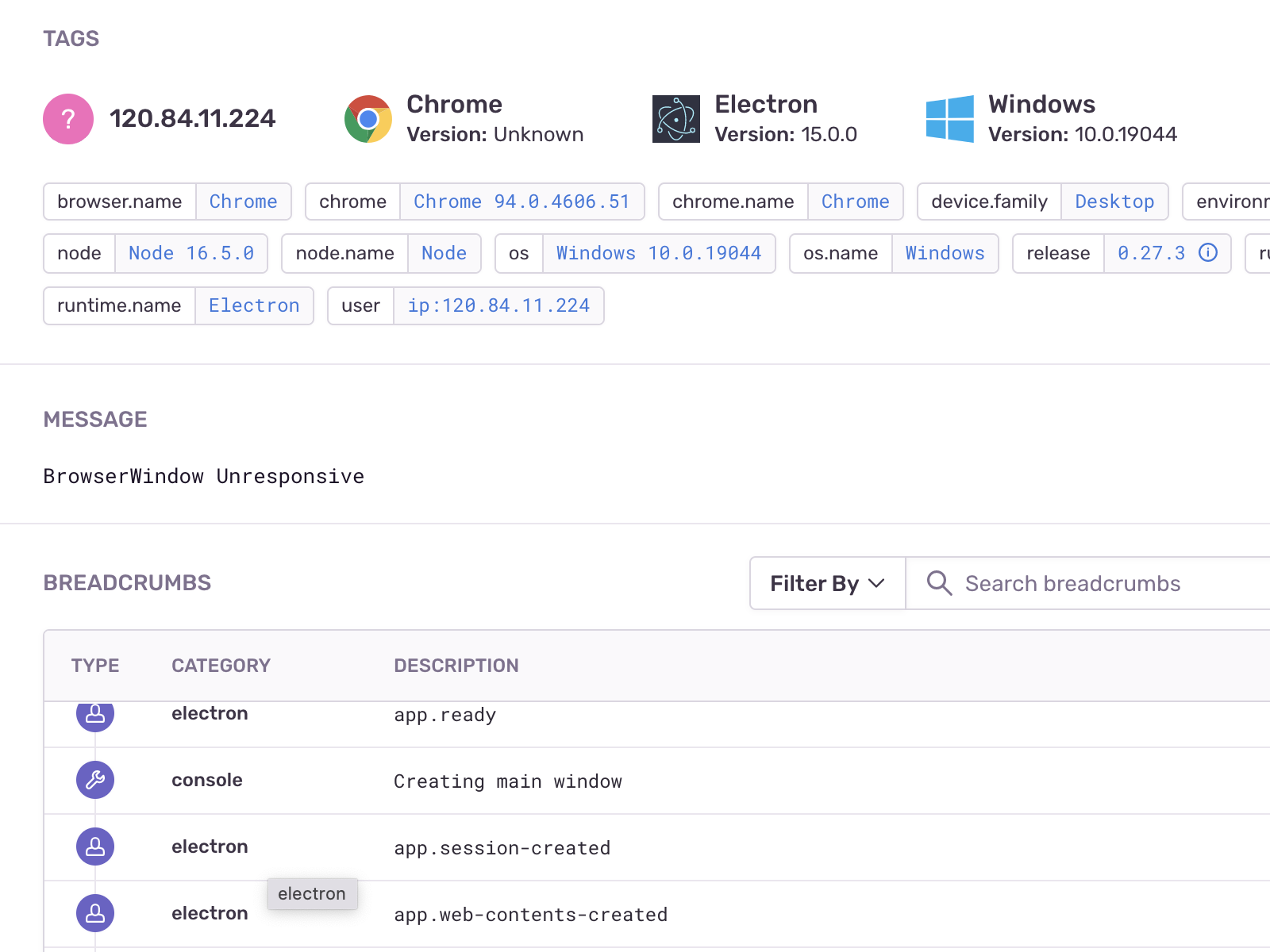 Screenshot of Sentry crash reporting (https://sentry.io). Shows the error message ('BrowserWindow Unresponsive'), user breadcrumbs, and user information.