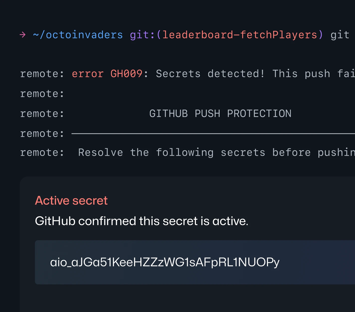 GitHub push protection confirms and displays an active secret, and blocks the push.