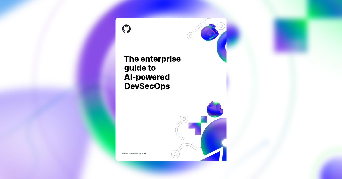 A light background features an array of AI-themed shapes and illustrations with a blur filter applied. In the foreground, white text reads "The enterprise guide to AI-powered DevSecOps".