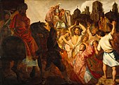 The Stoning of Saint Stephen (1625), Rembrandt's first painting completed at the age of 19,[167] Musée des Beaux-Arts de Lyon.