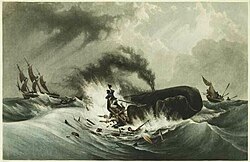 Painting of small, flame-engulfed boat with men clinging to wreckage next to spouting whale, with second small boat and larger three-masted ship in background