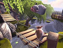 First screenshot of Yo Frankie!, running on the Blender Game Engine, showing Frank the sugar glider overlooking a collapsed bridge.